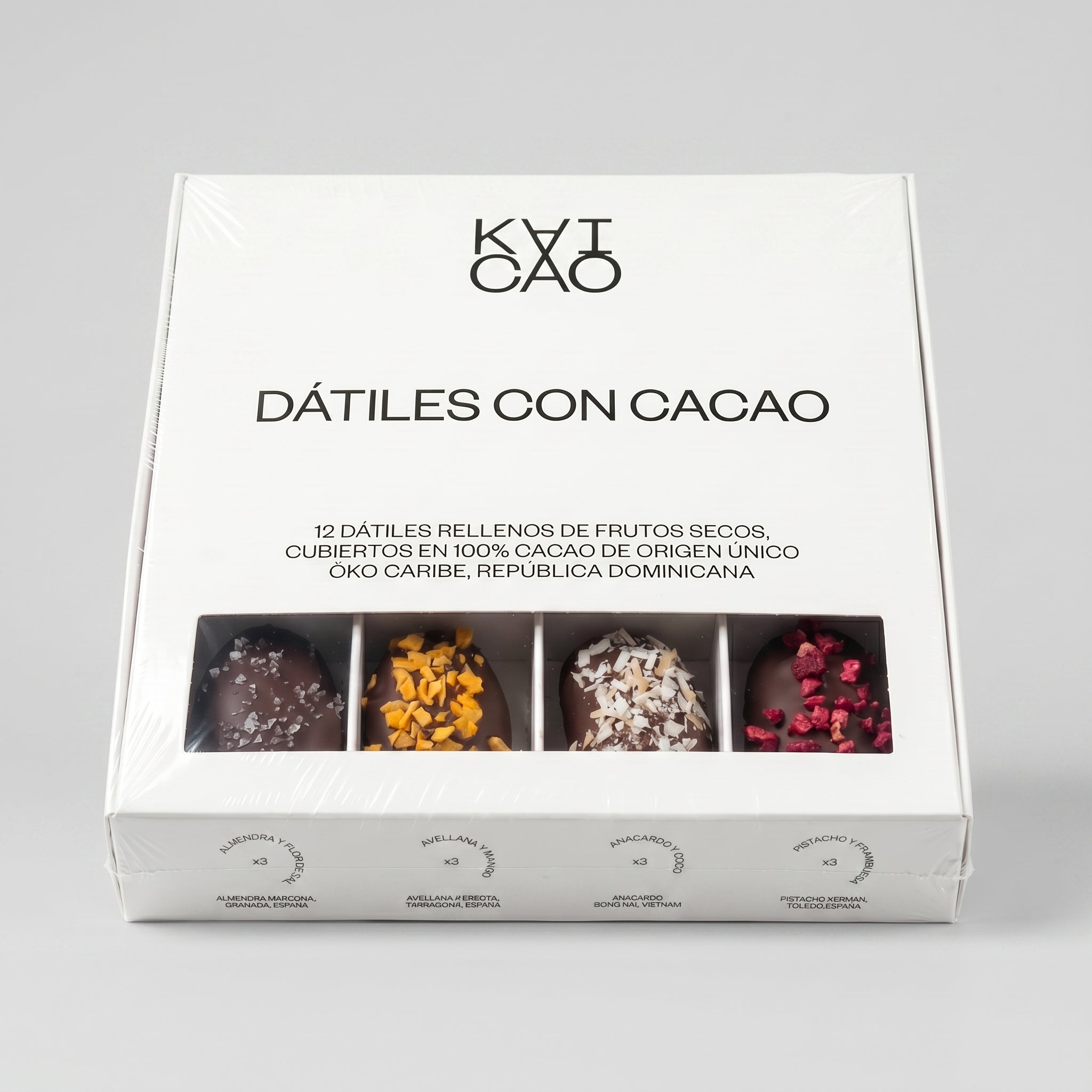 A pack of 12 medjool Dates filled with nuts covered with 100