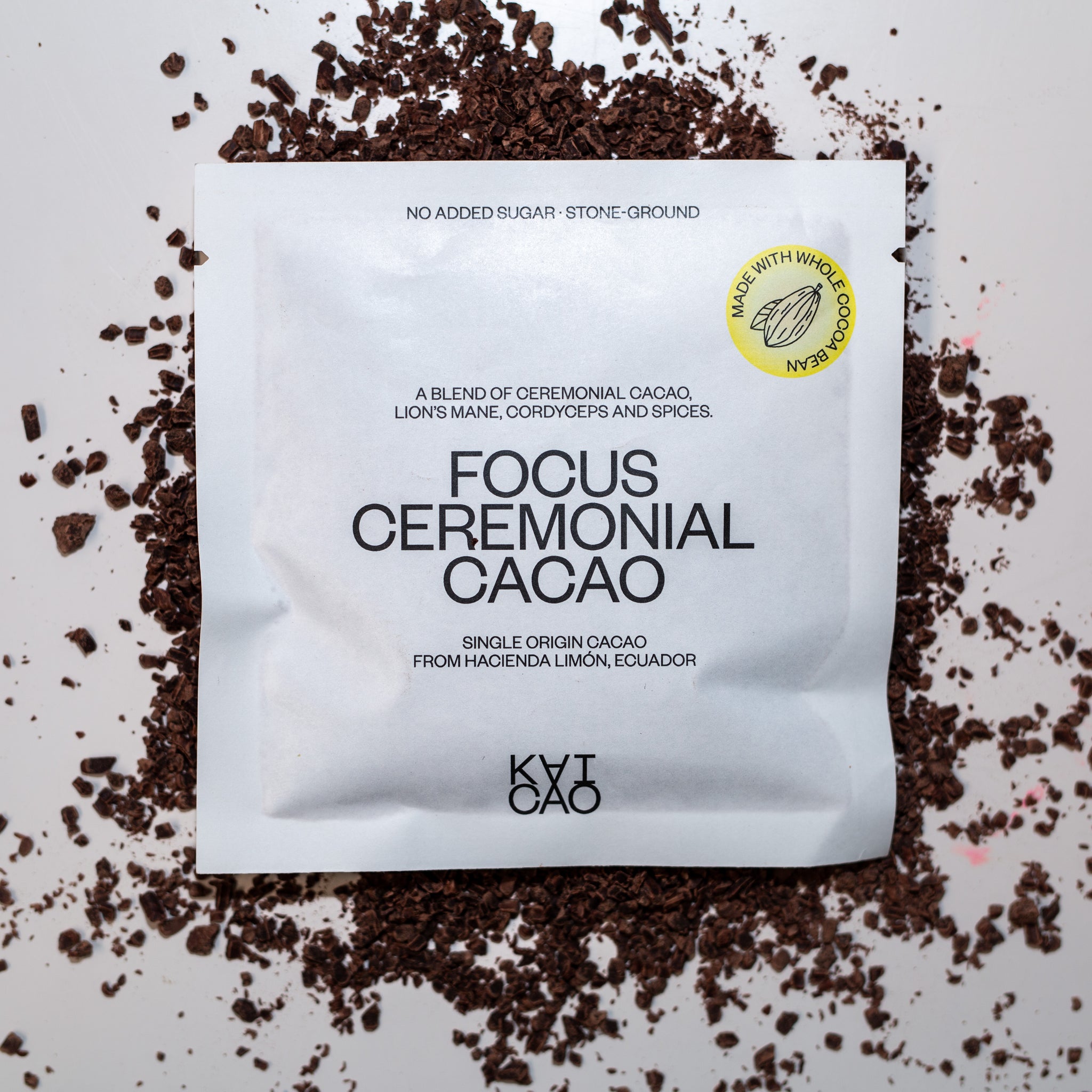 Focus  Ceremonial Cacao -  a blend of ceremonial cacao, lions mane , cordyceps and spices Single-Serve 5-Pack