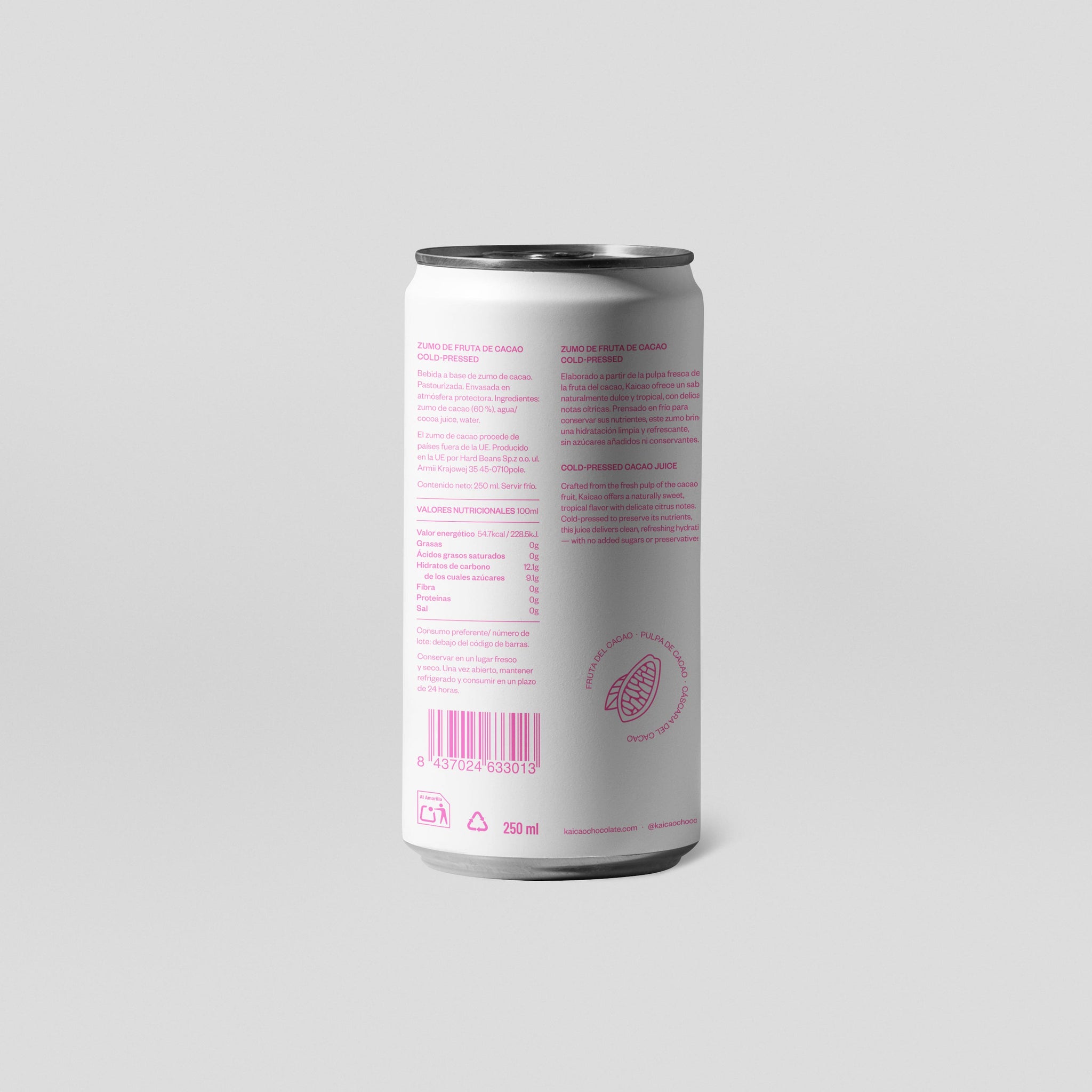 White can with pink text and a barcode on a light gray background